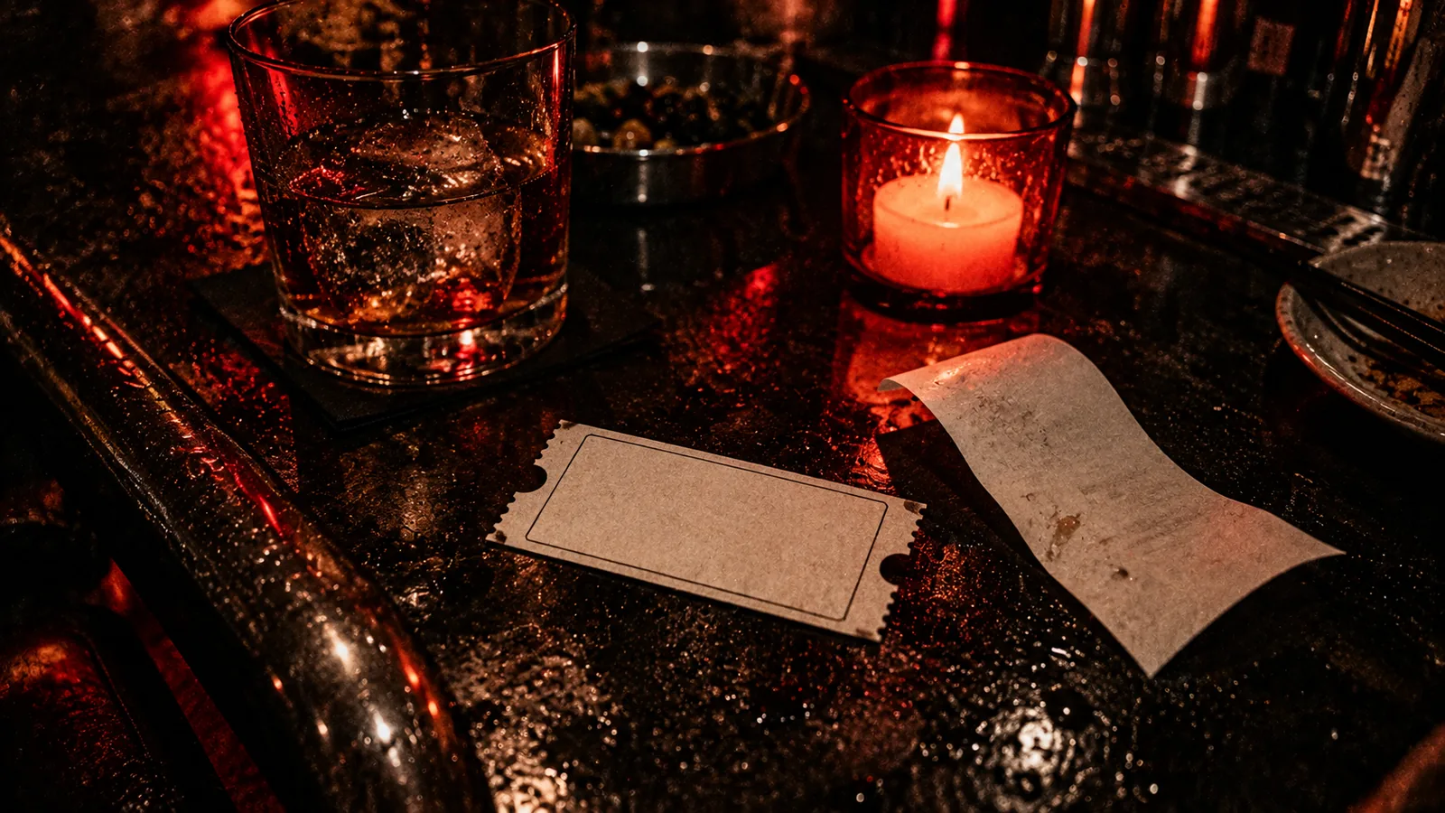 A printed ticket and receipt on a dark bar top beside a candle